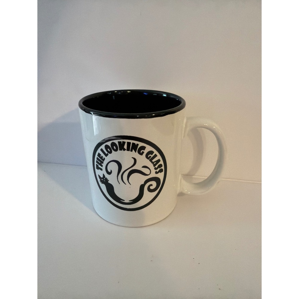 The Looking Glass Coffee Mug White Black Cat Logo Graphic Ceramic‎ Cafe Cup
